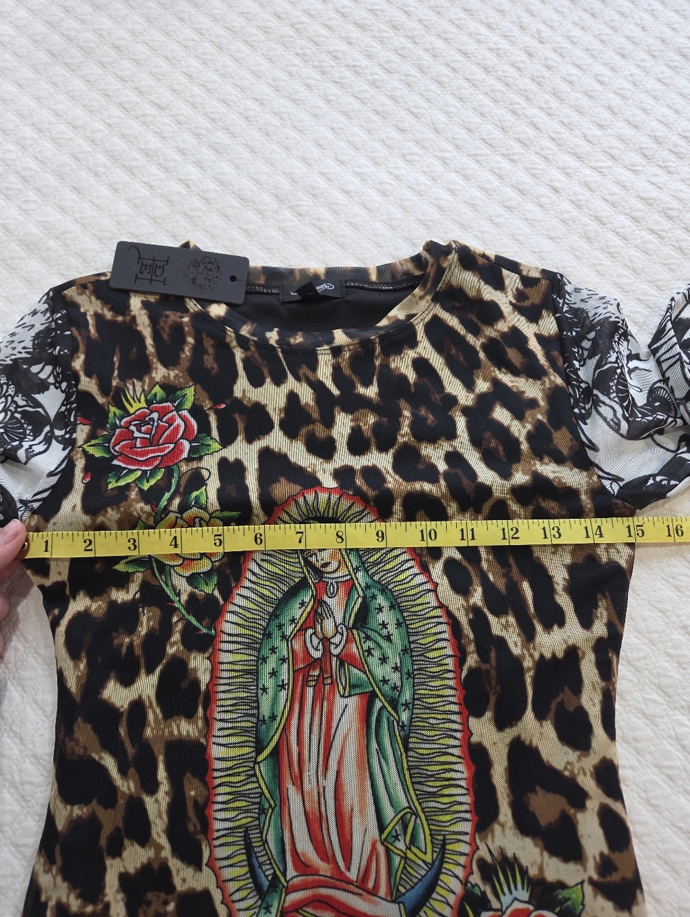 Ed Hardy Dolls Kill Sz Small Leopard Mesh Bodycon Mini Dress Virgin Mary Graphic - Picture 11 of 12